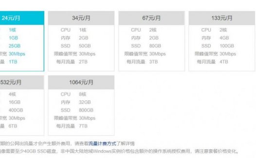 阿里云 – 香港轻应用服务器 24元/月 1C/1G/25G/1T流量/30M宽带